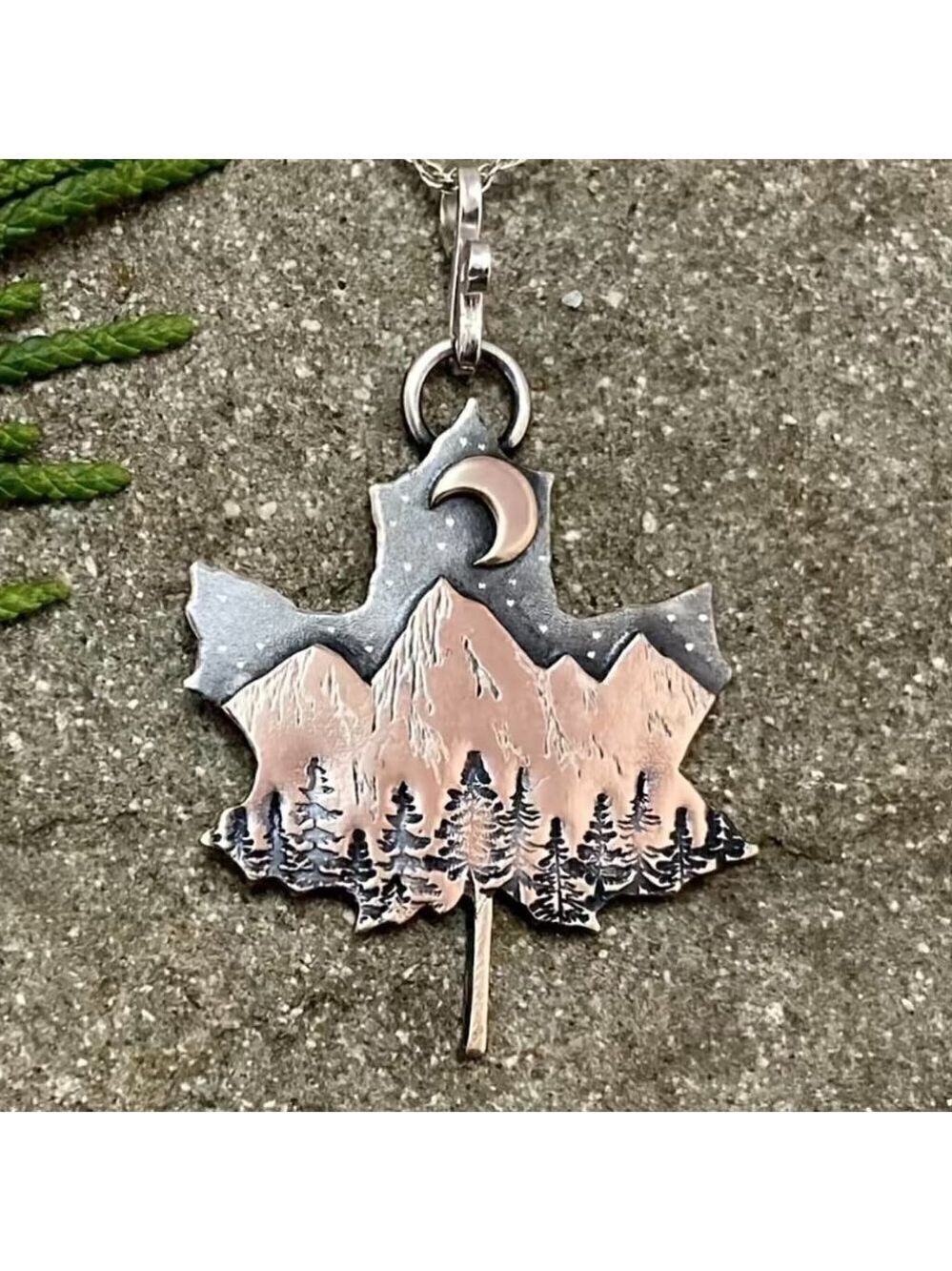 Maple Leaf Pendant Necklace with Mountains and Moon #1124